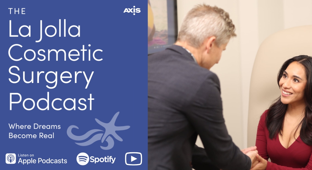 [The La Jolla Cosmetic Surgery Podcast cover art] Dr. Luke Swistun greeting a smiling patient at a consultation