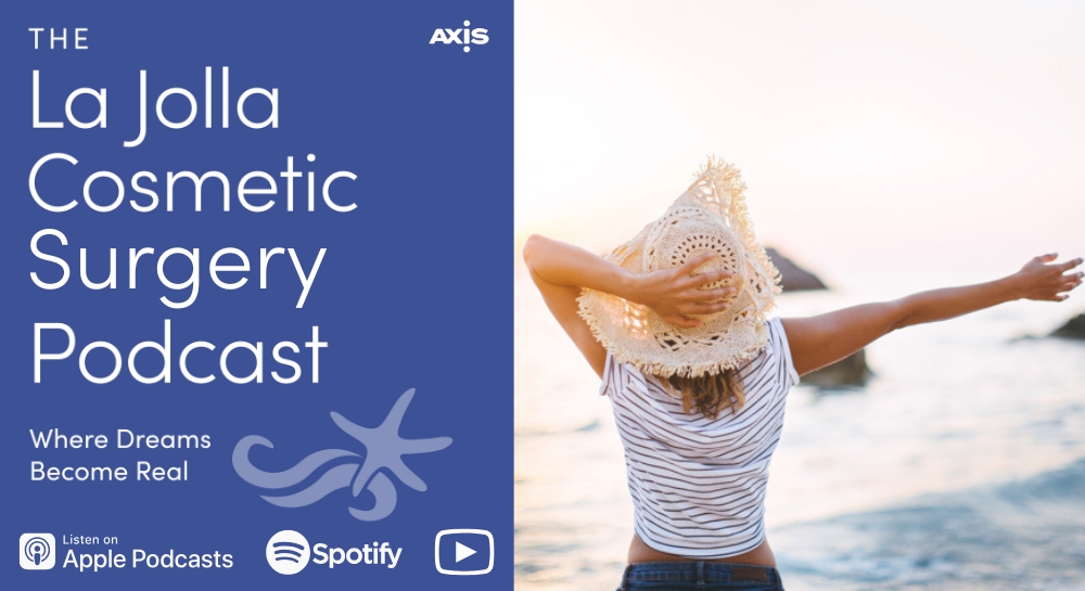 [The La Jolla Cosmetic Surgery Podcast cover art] Woman at the beach in a sun hat overlooking the water with her arm open wide