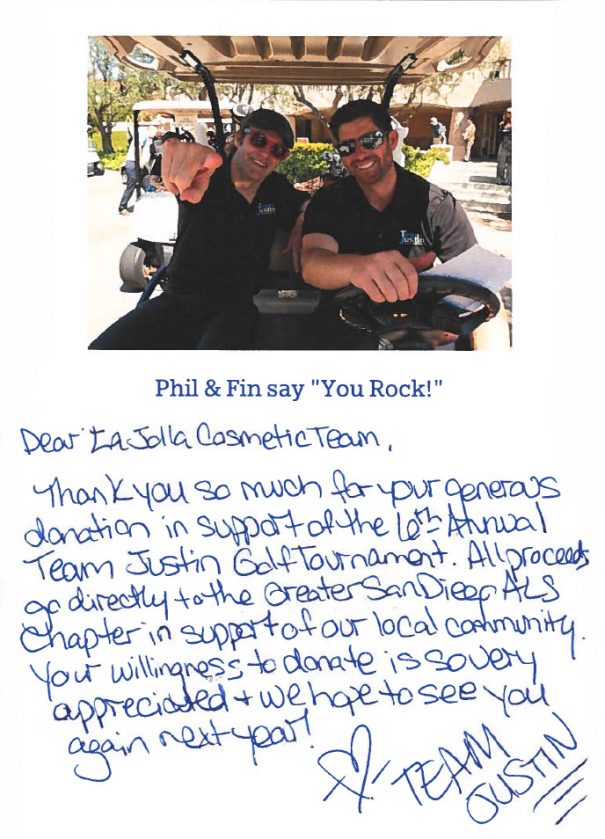 Team Justin's thank you note to the LJCSC team