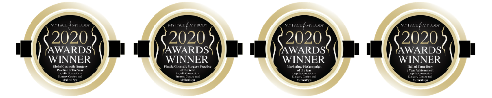 Four My Face My Body 2020 Awards Winner badges for Global Cosmetic Surgery Practice of the Year, Plastic Cosmetic Surgery Practice of the Year, Marketing/PR Campaign of the Year, and Hall of Fame Entry for Lifetime Achievement