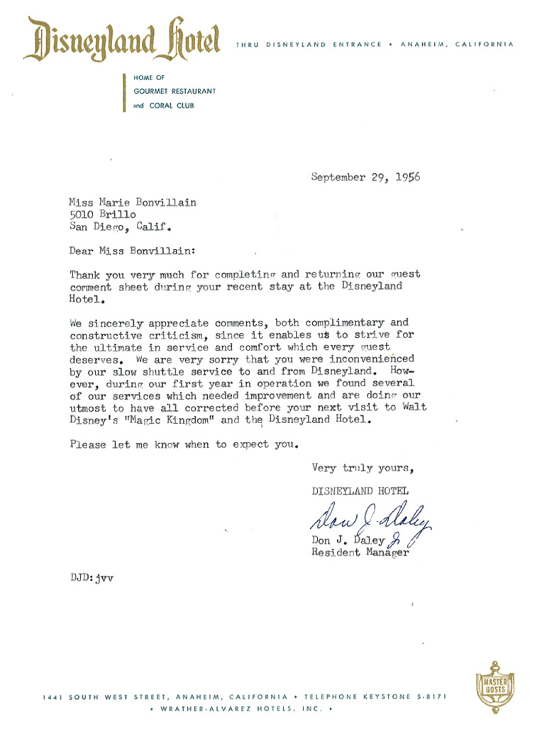 customer service letter Typed letter dated September 29, 1956, from Disneyland Hotel Resident Manager Don J. Daley to Miss Marie Bonvillain in San Diego, thanking her for completing a guest comment sheet, apologizing for slow shuttle service, and assuring improvements before her next visit to Disneyland and the hotel.