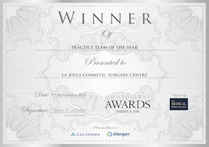 Winner certificate for Practice Team of the Year presented to La Jolla Cosmetic Surgery Centre at the Medical Business Awards America 2018, sponsored by Galderma and Allergan.