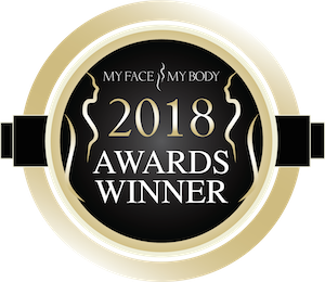 My Face My Body 2018 Awards Winner badge with gold and black circular design.