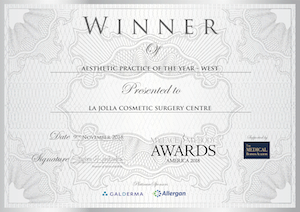 Winner certificate for Aesthetic Practice of the Year – West presented to La Jolla Cosmetic Surgery Centre at the Medical Business Awards America 2018, sponsored by Galderma and Allergan.