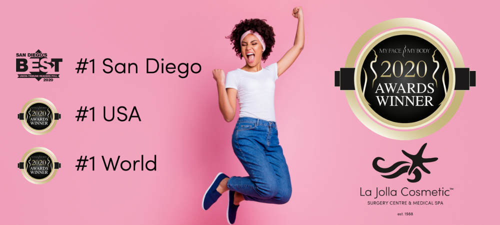 African-american woman jumping happily on pink background with awards logos