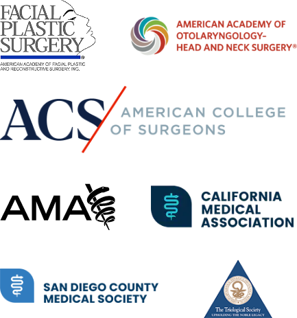 Dr. Riedler credentials logos including American Academy of Facial Plastic and Reconstructive Surgery Inc., American Academy of Otolaryngology- Head and Neck Surgery, ACS, AMA, California Medical Association, San Diego County Medical Society and the Triological Society