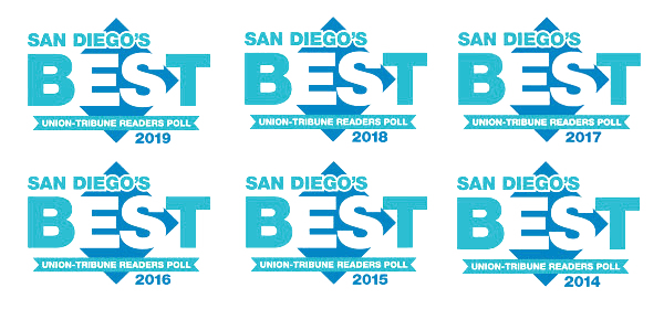 Collection of San Diego’s Best Union-Tribune Readers Poll award logos from 2014 to 2019.