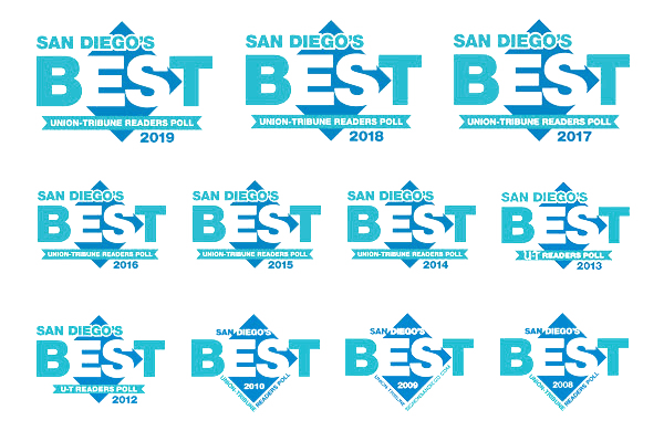 Collection of San Diego’s Best Union-Tribune Readers Poll award logos from 2008 to 2019.