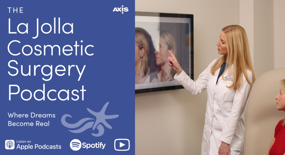 [The La Jolla Cosmetic Surgery Podcast cover art] Dr. Kiersten Riedler showing a patient a before and after result during a consultation