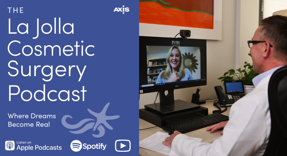 [The La Jolla Cosmetic Surgery Podcast cover art] Dr. Gerald Haas smiling at a patient during a virtual Signature Skinny Shot check-in