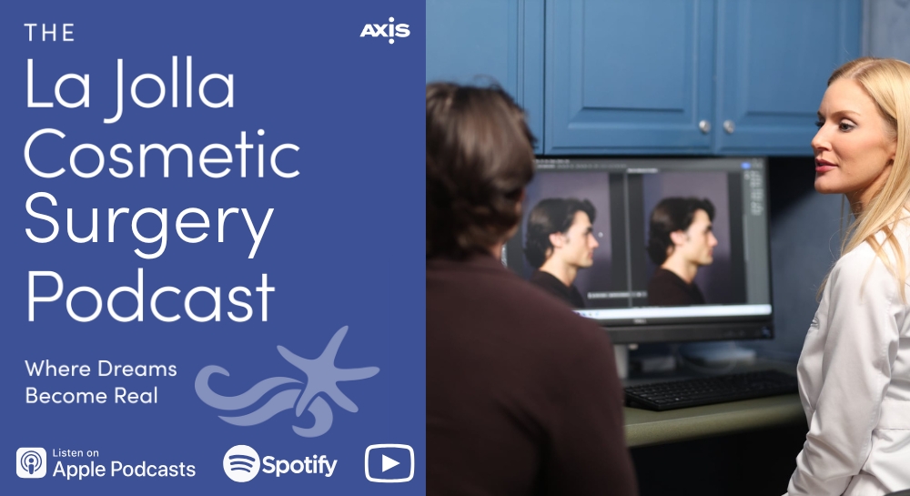[The La Jolla Cosmetic Surgery Podcast cover art] Dr. Kiersten Riedler showing a patient a photo simulation of his rhinoplasty result during a consultation