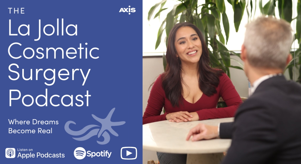 [The La Jolla Cosmetic Surgery Podcast cover art] A patient smiling during a consultation with Dr. Luke Swistun