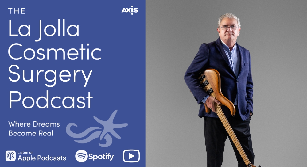 [The La Jolla Cosmetic Surgery Podcast cover art] San Diego plastic surgeon Dr. Johan Brahme with his bass guitar