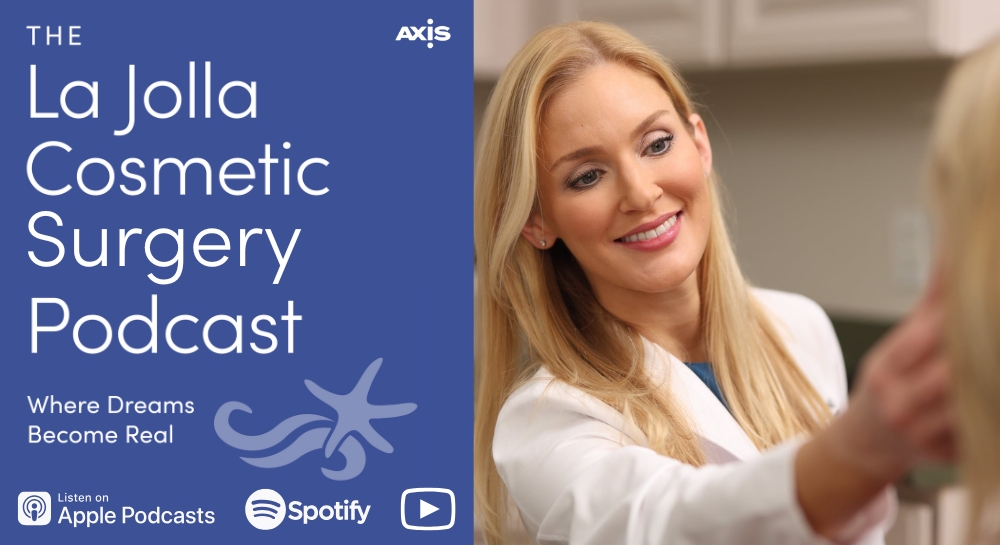[The La Jolla Cosmetic Surgery Podcast cover art] San Diego facial plastic surgeon Dr. Kiersten Riedler smiling while examining a patient for facelift