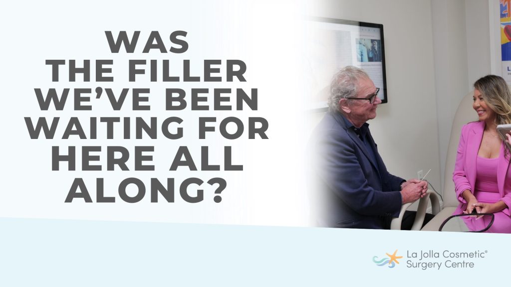 [The La Jolla Cosmetic Surgery Podcast cover art] San Diego plastic surgeon Dr. Johan Brahme smiling while consulting with a patient