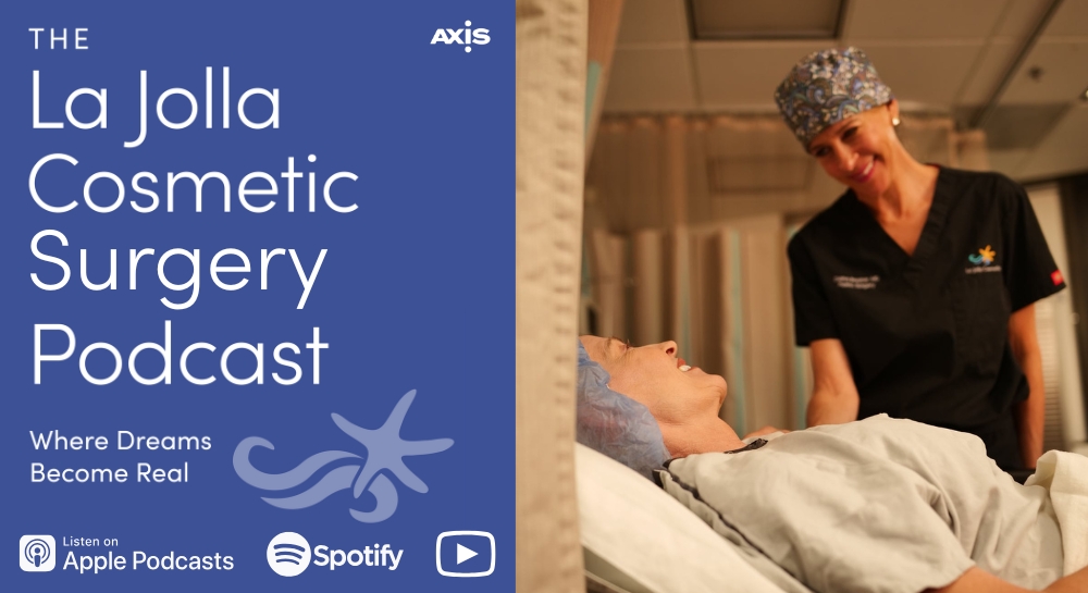 [The La Jolla Cosmetic Surgery Podcast cover art] San Diego plastic surgeon Dr. Diana Breister smiling down at a patient (model) before surgery