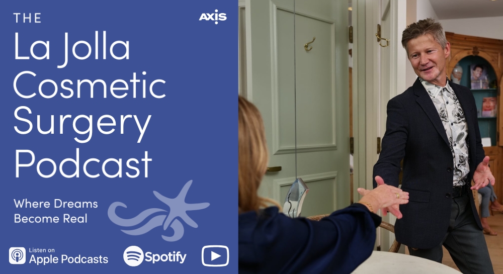 [The La Jolla Cosmetic Surgery Podcast cover art] An LJCSC patient model (left) and Dr. Luke Swistun (right) greeting each other before a consultation