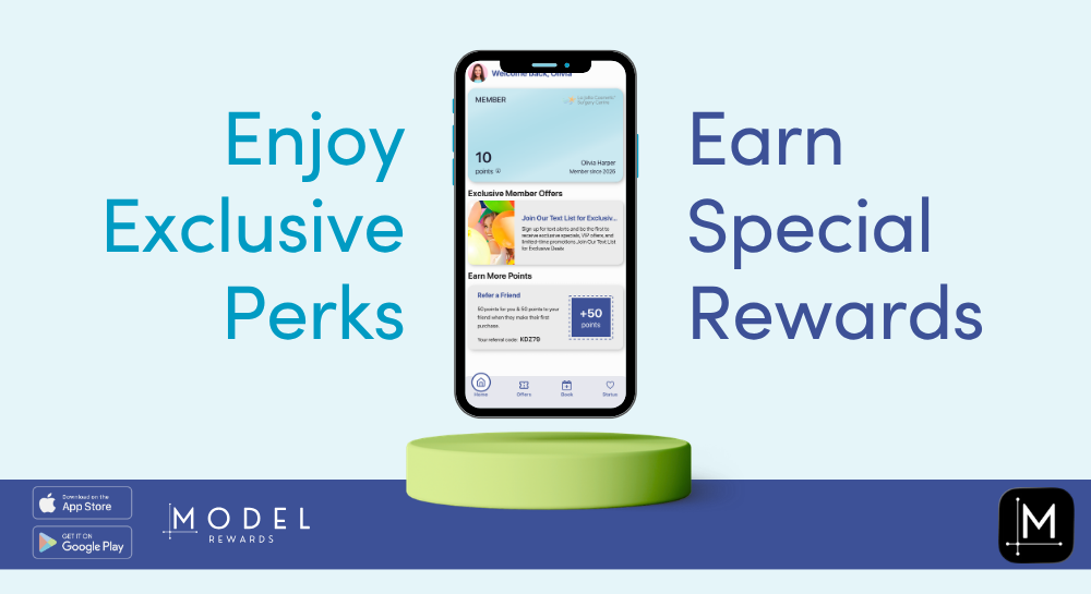 Model Rewards App welcome screen shown in a mobile phone window [Enjoy Exclusive Perks, Earn Special Rewards]