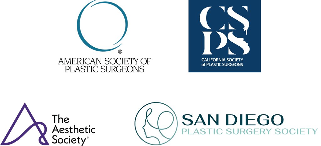 Dr. Salazar's credential logos including American Society of Plastic Surgeons, California Society of Plastic Surgeons, The Aesthetic Society, & San Diego Plastic Surgery Society