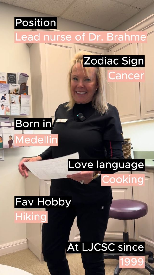 If you've had surgery with Dr. Brahme, you've had the pleasure of having Nurse Cristina by your side! For over 2 decades, she's been going above and beyond to make sure patients feel prepared and informed before moving forward with surgery. 💛🙌
#leadnurse #nurse #plasticsurgery #meetthestaff #bestofsandiego #sandiegonurses 

♋ Zodiac Sign: Cancer

📍 Born in: Medellin, Colombia

💘 Love language: Cooking

🏞️ Fav Hobby: Hiking

🗓️ At LJCSC since: 1999

Show some love to her! Keep radiating your positive heart, Cristina! ✨🌟